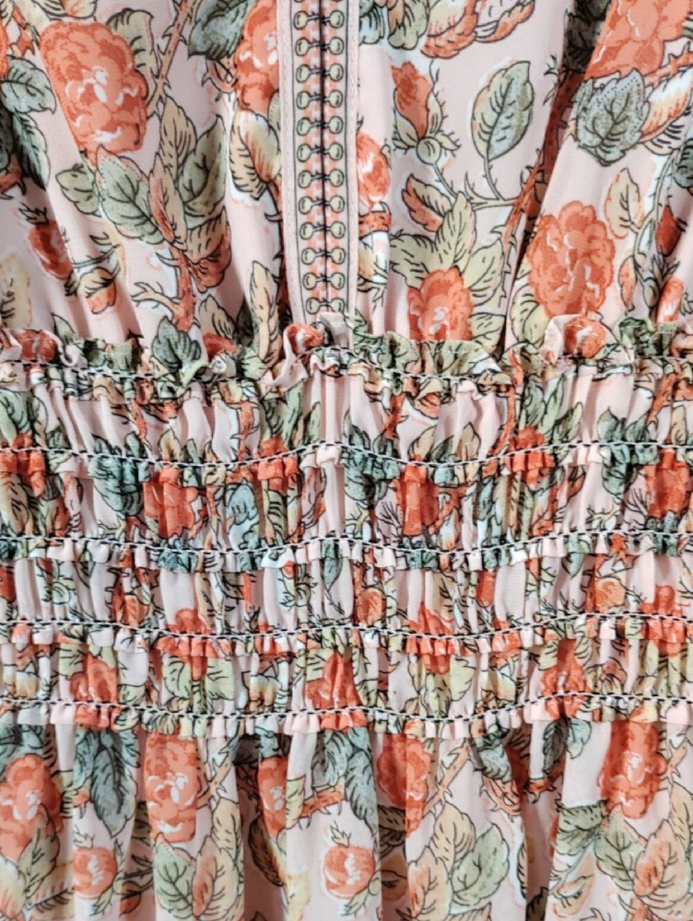 H192 Max Studio Peach & Rust Floral V-Neck Smocked Dress XL - Picture 4 of 13